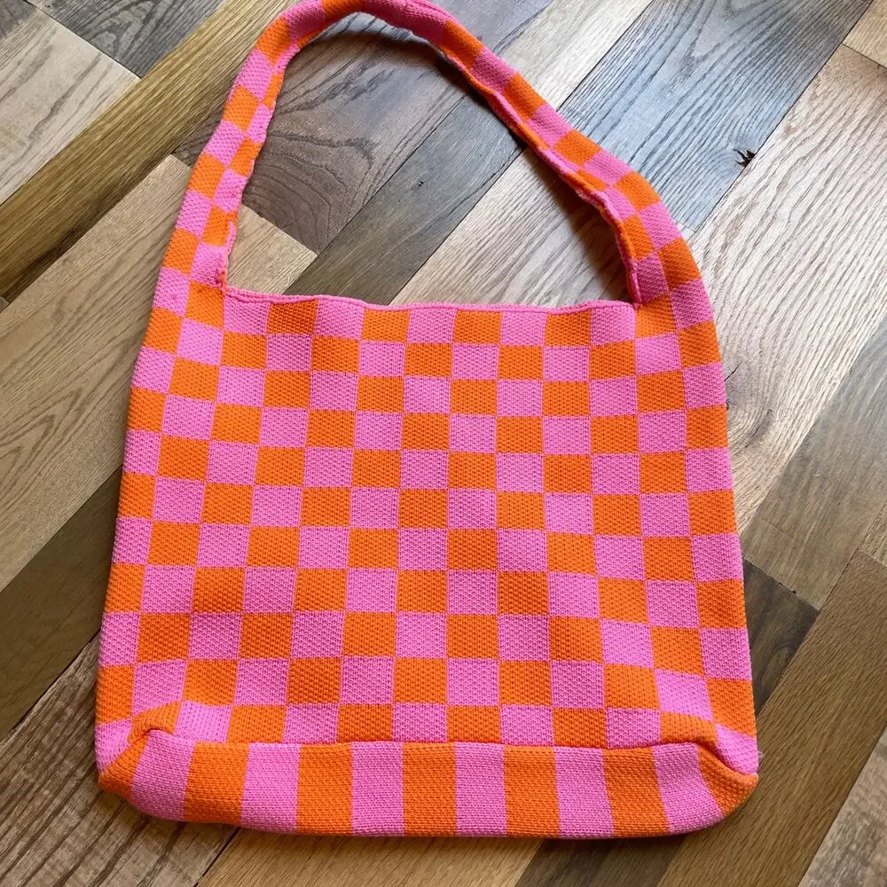 Kopari Pink Orange Checkerboard Knit Shoulder Tote Bag Hobo NWOT